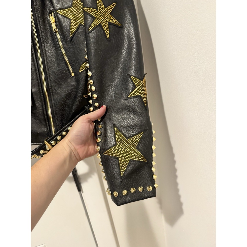 Azalea Wang Women's Black Studded Celestial Moto Jacket M Cropped Moon Stars M - Picture 8 of 15